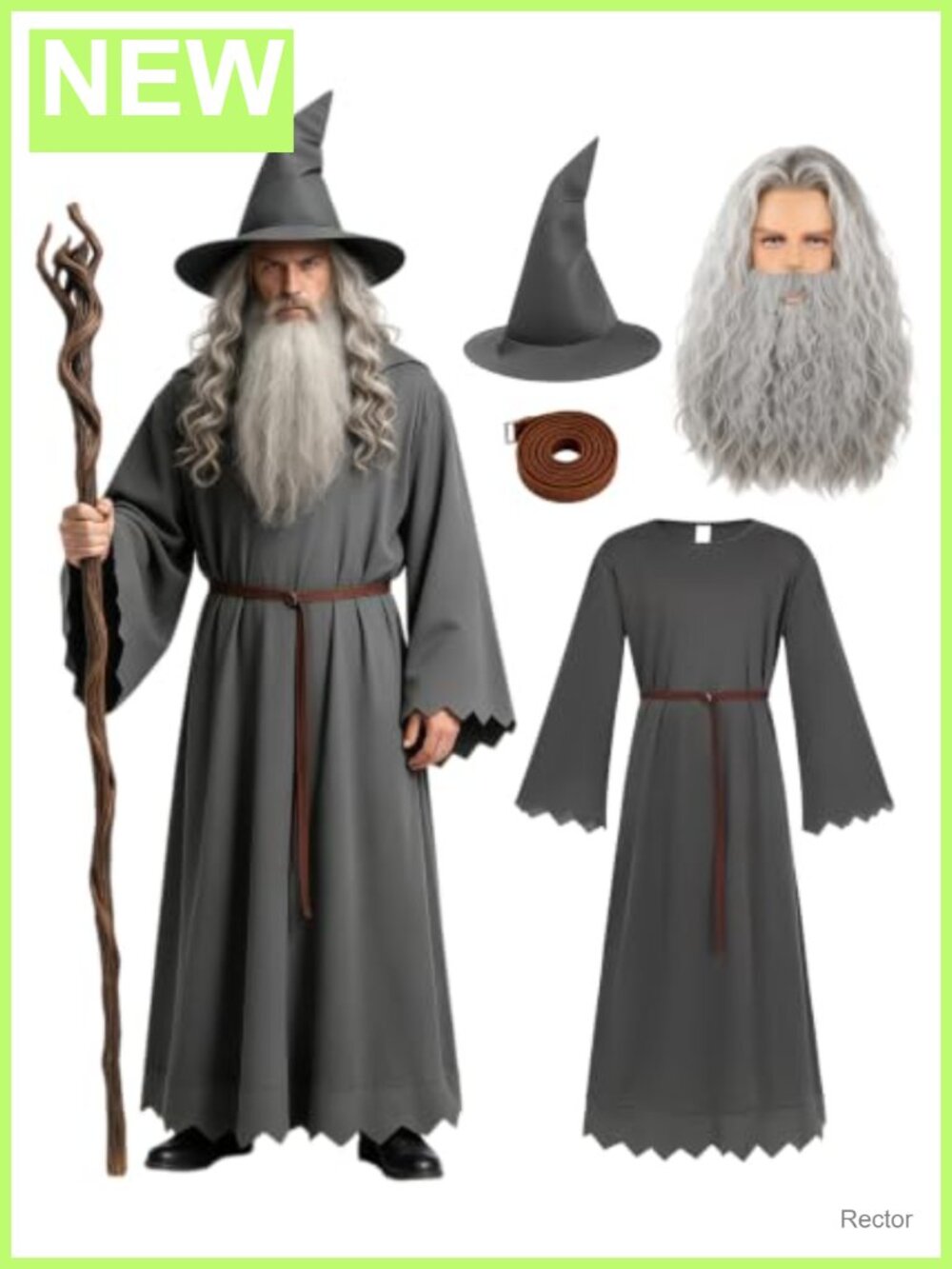 Grey Wizard Costume Set Men Robe Hat Belt Wig Beard L XL